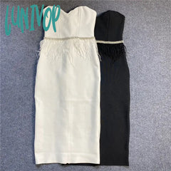 Lunivop New Summer White Elegant Bandage Dress Sexy Strapless Feather Bodycon Robe Evening Party