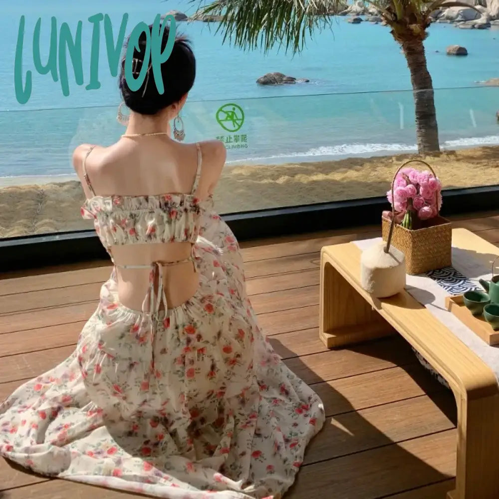 Lunivop New Sweet Bandage Holiday Chiffon Dress Kawaii Women Floral Summer Birthday Lolita Female