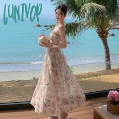 Lunivop New Sweet Bandage Holiday Chiffon Dress Kawaii Women Floral Summer Birthday Lolita Female