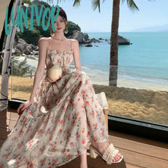 Lunivop New Sweet Bandage Holiday Chiffon Dress Kawaii Women Floral Summer Birthday Lolita Female