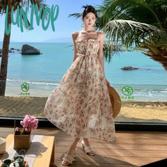 Lunivop New Sweet Bandage Holiday Chiffon Dress Kawaii Women Floral Summer Birthday Lolita Female