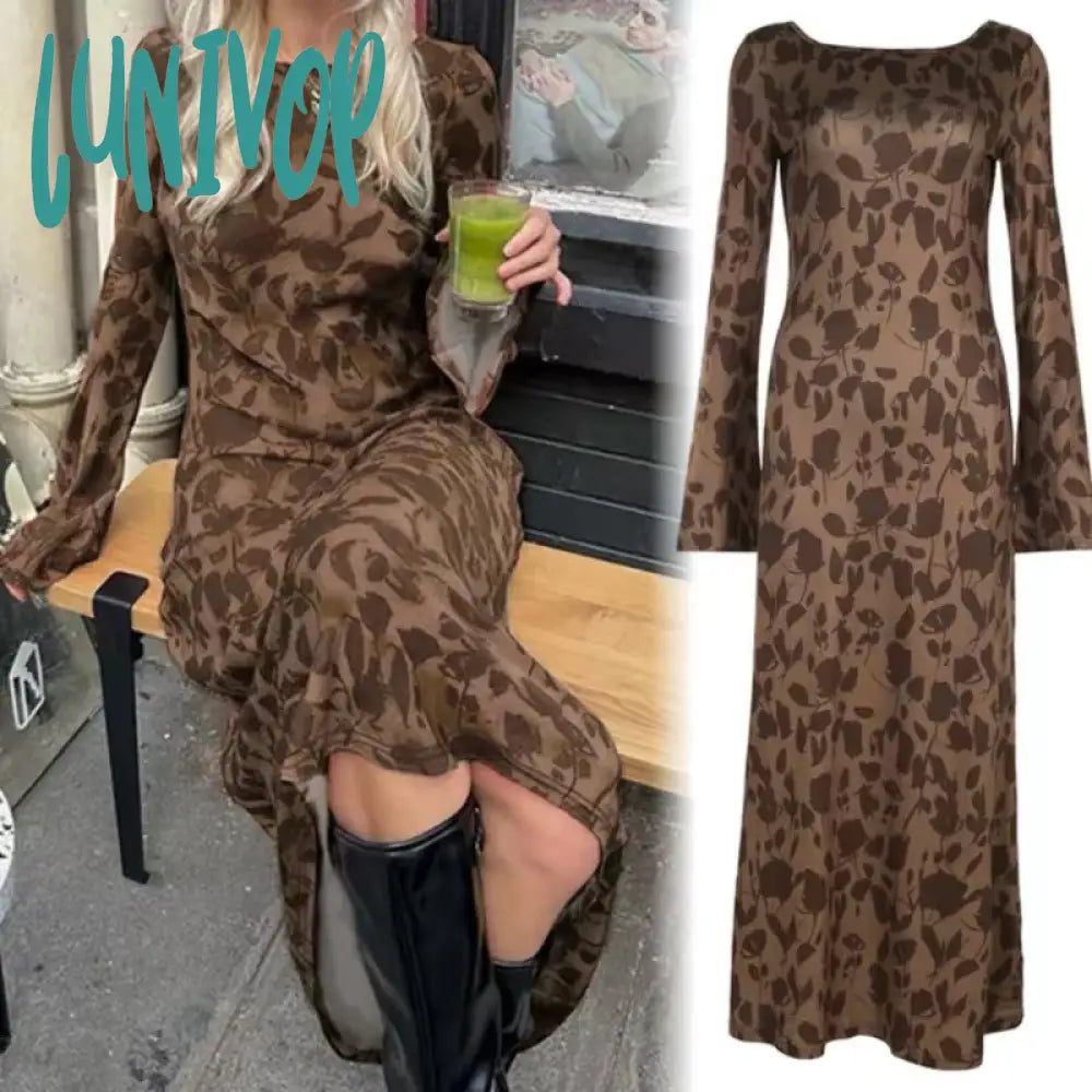 Lunivop New Vintage Floral Print Long Dress Women Y2K Bodycon Maxi Dresses Casual Chic Elegant