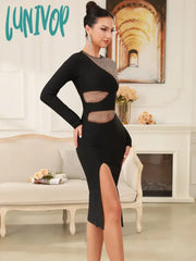 Lunivop New Women Celebrity Sexy Long Sleeve Diamonds Sparkly Black Midi Bandage Dress 2024 Knitted