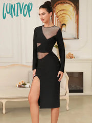 Lunivop New Women Celebrity Sexy Long Sleeve Diamonds Sparkly Black Midi Bandage Dress 2024 Knitted