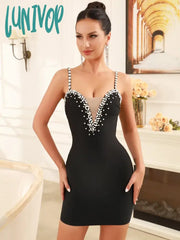 Lunivop New Women Celebrity Sexy V Neck Beading Backless Black Mini Bandage Dress 2024 Knitted
