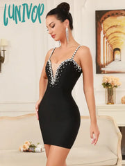 Lunivop New Women Celebrity Sexy V Neck Beading Backless Black Mini Bandage Dress 2024 Knitted