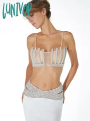 Lunivop New Women Elegant Luxury Beaded Shiny Diamond Sexy Tank Top &Bandage Skirt 2 Piece Set
