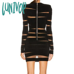Lunivop New Women Elegant Luxury Long Sleeve Crack Perspective Bandage Dress Formal Occasion