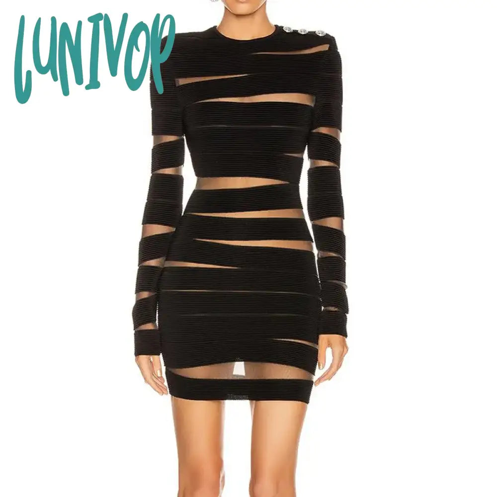 Lunivop New Women Elegant Luxury Long Sleeve Crack Perspective Bandage Dress Formal Occasion