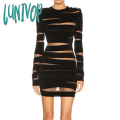 Lunivop New Women Elegant Luxury Long Sleeve Crack Perspective Bandage Dress Formal Occasion
