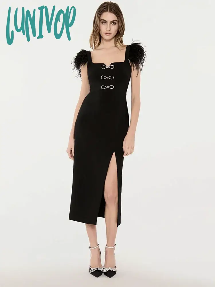 Lunivop New Women Elegant Luxury Sexy Sleeveless Diamond Bodycon Spaghetti Strap Black Feather Midi