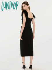 Lunivop New Women Elegant Luxury Sexy Sleeveless Diamond Bodycon Spaghetti Strap Black Feather Midi