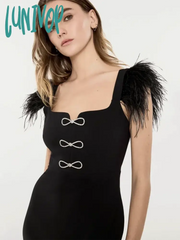 Lunivop New Women Elegant Luxury Sexy Sleeveless Diamond Bodycon Spaghetti Strap Black Feather Midi