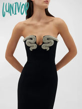 Lunivop New Women Elegant Sexy Strapless Luxury Diamond Crystal Snake Bodycon Long Bandage Dress