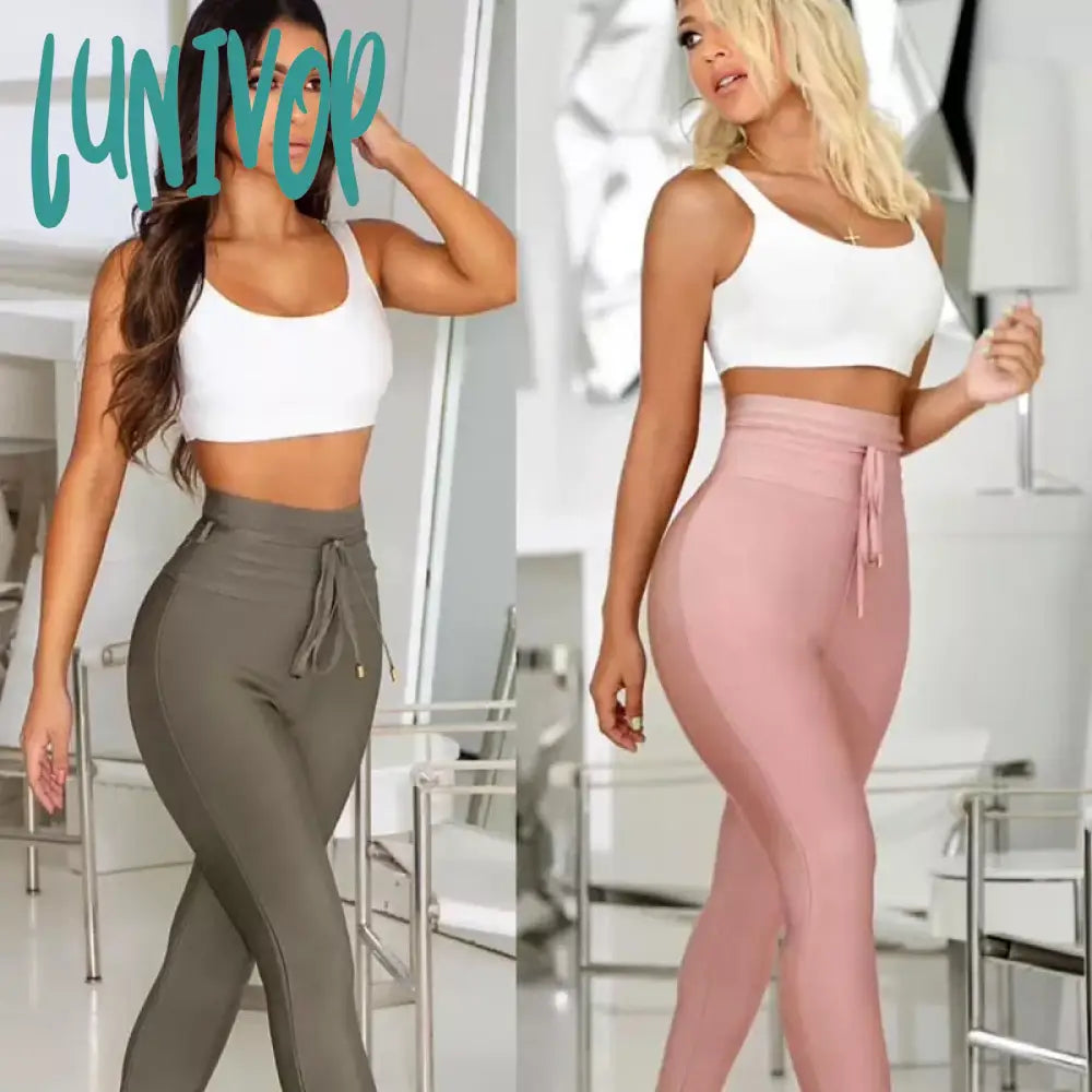 Lunivop New Women Fashion Sexy Black Gray Pink White Bandage Pants Designer Knitted Bodycon Pencil