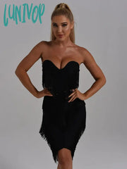 Lunivop New Women Sexy Backless Tassels Black Sleeveless Bodycon Mini Dress Birthday Evening