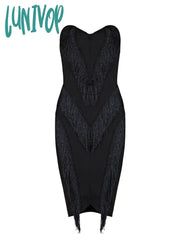 Lunivop New Women Sexy Backless Tassels Black Sleeveless Bodycon Mini Dress Birthday Evening