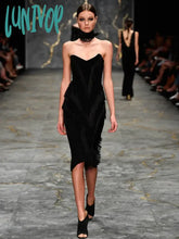 Lunivop New Women Sexy Backless Tassels Black Sleeveless Bodycon Mini Dress Birthday Evening