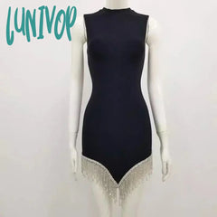 Lunivop New Women Sexy Sleeveless Bodycon Bandage Dress Vestido Robes Rhinestone Tassel Clothing
