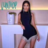 Lunivop New Women Sexy Sleeveless Bodycon Bandage Dress Vestido Robes Rhinestone Tassel Clothing