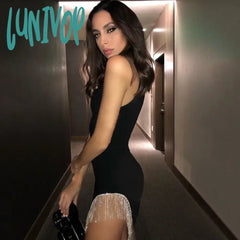 Lunivop New Women Sexy Sleeveless Bodycon Bandage Dress Vestido Robes Rhinestone Tassel Clothing