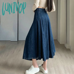 Lunivop New Women Spring Summer Vintage Pleated Skirt Fashion High Waist All-Match A-Line Denim