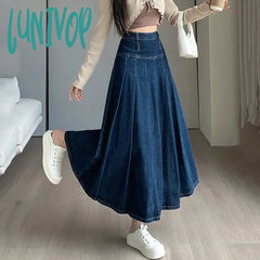 Lunivop New Women Spring Summer Vintage Pleated Skirt Fashion High Waist All-Match A-Line Denim