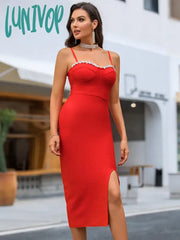 Lunivop New Women Summer Fashion Sexy Sleeveless V Neck Beading Red Midi Bandage Dress Elegant