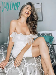 Lunivop New Women Summer Ladies Sexy Strapless Backless White Mesh Mini Bodycon Bandage Dress