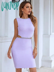 Lunivop New Women Summer Sexy Backless Purple Crystal Diamonds Hollow Out Mini Bodycon Bandage