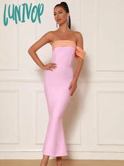 Lunivop New Women Summer Sexy Off Shoulder Patchwork Pink Mermaid Ankle Length Bandage Dress