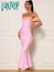 Lunivop New Women Summer Sexy Off Shoulder Patchwork Pink Mermaid Ankle Length Bandage Dress