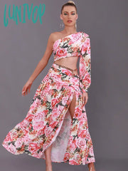 Lunivop New Women Summer Sexy Single Sleeve Chain Floral Split Ankle Length Dress Elegant Evening