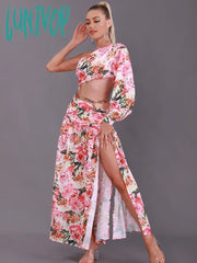 Lunivop New Women Summer Sexy Single Sleeve Chain Floral Split Ankle Length Dress Elegant Evening