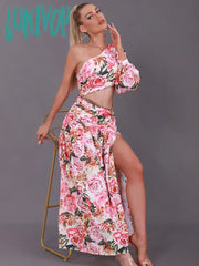 Lunivop New Women Summer Sexy Single Sleeve Chain Floral Split Ankle Length Dress Elegant Evening