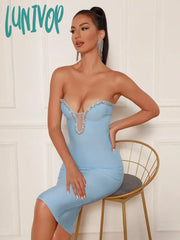 Lunivop New Women Summer Sexy Strapless Backless Beading Mesh Sky Blue Midi Bandage Dress Elegant