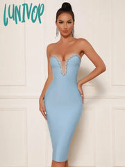 Lunivop New Women Summer Sexy Strapless Backless Beading Mesh Sky Blue Midi Bandage Dress Elegant