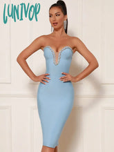 Lunivop New Women Summer Sexy Strapless Backless Beading Mesh Sky Blue Midi Bandage Dress Elegant