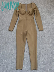 Lunivop New Women Summer Style Sexy Long Sleeve V Neck Army Green Bandage Jumpsuit Celebrity