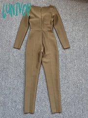 Lunivop New Women Summer Style Sexy Long Sleeve V Neck Army Green Bandage Jumpsuit Celebrity