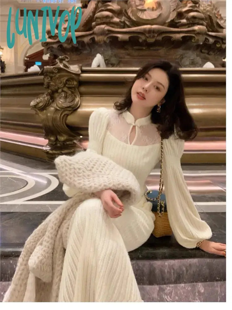 Lunivop New Women’s Autumn Vintage Party Dress Fashion Lantern Sleeve Elegant Slim Sexy Female