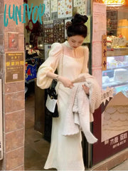 Lunivop New Women’s Autumn Vintage Party Dress Fashion Lantern Sleeve Elegant Slim Sexy Female