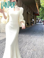 Lunivop New Women’s Autumn Vintage Party Dress Fashion Lantern Sleeve Elegant Slim Sexy Female