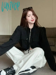 Lunivop New Y2K Aesthetic All Match Women Jackets Double Zippers Drawstring Solid Tops Harajuku