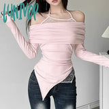 Lunivop New Y2k Aesthetic Vintage Lace Patchwork Women T-shirt Autumn Fashion Harajuku Asymmetry Tops Casual Trendy Bottoming Tee Femme