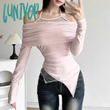 Lunivop New Y2K Aesthetic Vintage Lace Patchwork Women T-Shirt Autumn Fashion Harajuku Asymmetry