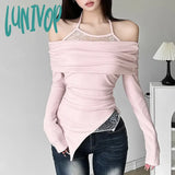 Lunivop New Y2K Aesthetic Vintage Lace Patchwork Women T-Shirt Autumn Fashion Harajuku Asymmetry