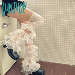 Lunivop New Y2K Lace Leg Cover Ruffles Over The Knee Socks Women Japanese Punk Harajuku Warmers