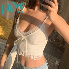 Lunivop New Y2K Lace Trim Crop Top Aesthetic White Bow Cute Sweet Mini Vest Knitted Basic Casual