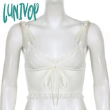 Lunivop New Y2K Lace Trim Crop Top Aesthetic White Bow Cute Sweet Mini Vest Knitted Basic Casual
